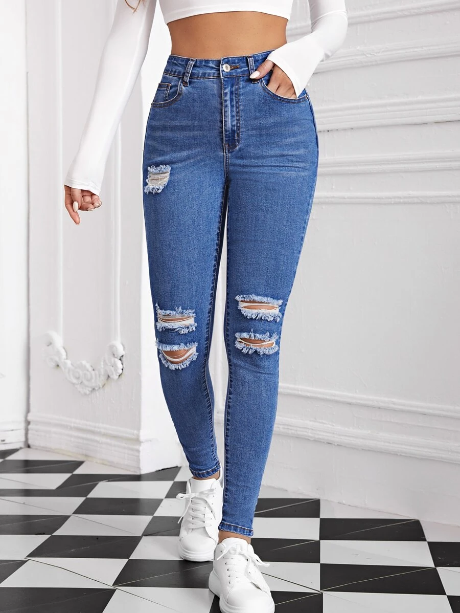 SHEIN Essnce High Waist Ripped Detail Skinny Jeans - Medium Wash - View 1