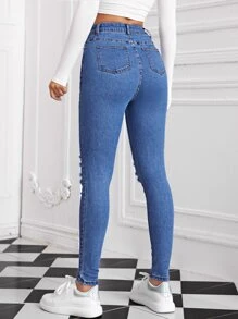 SHEIN Essnce High Waist Ripped Detail Skinny Jeans - Medium Wash - View 2
