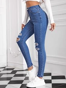 SHEIN Essnce High Waist Ripped Detail Skinny Jeans - Medium Wash - View 3