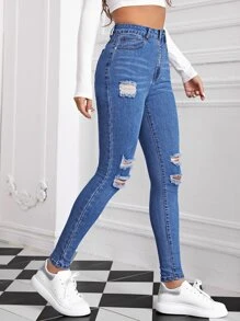 SHEIN Essnce High Waist Ripped Detail Skinny Jeans - Medium Wash - View 4
