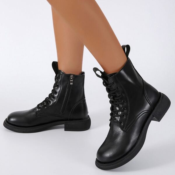 

Side Zip Lace-up Combat Boots, Black