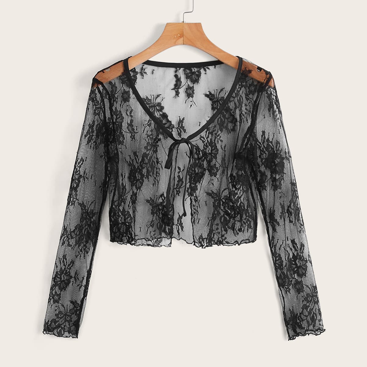 

Lace Tie Front Crop Top, Black