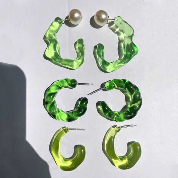 

3pairs Irregular Acrylic Earrings, Green