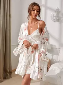 SHEIN 緞面印花荷葉邊附腰帶睡袍不附帶睡裙 - 白色 - 查看 1