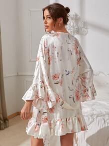 SHEIN 緞面印花荷葉邊附腰帶睡袍不附帶睡裙 - 白色 - 查看 2