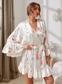 SHEIN 緞面印花荷葉邊附腰帶睡袍不附帶睡裙 - 白色 - 查看 3