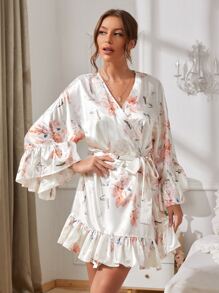 SHEIN 緞面印花荷葉邊附腰帶睡袍不附帶睡裙 - 白色 - 查看 4