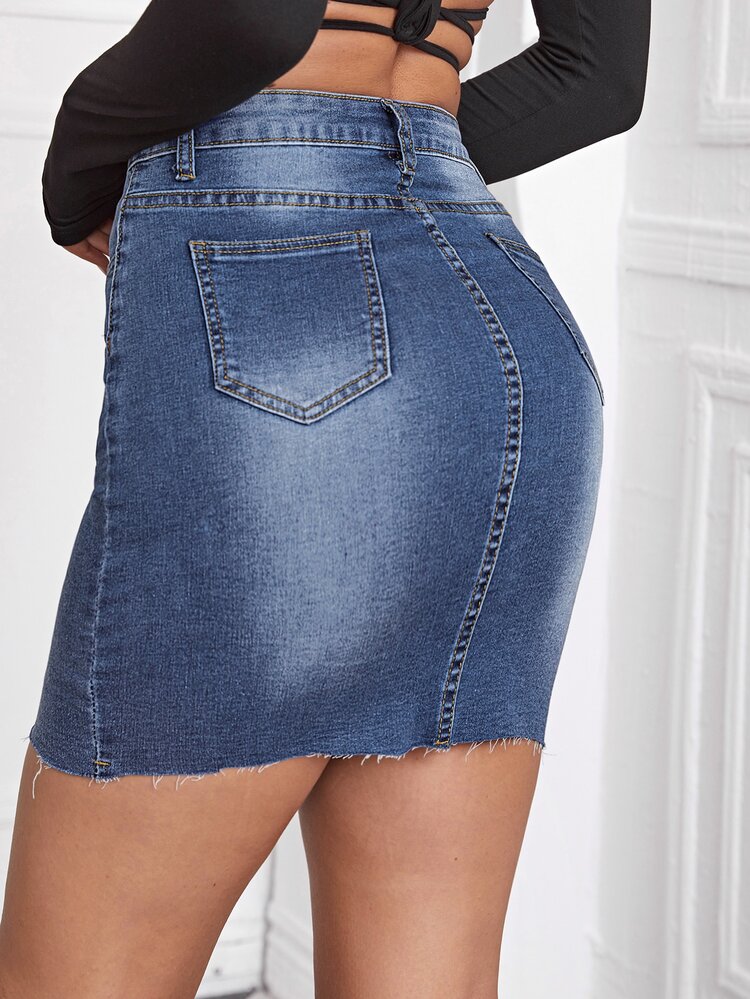 Falda mezclilla de lavado bajo crudo con puntada - Azul lavado oscuro - Añade 2