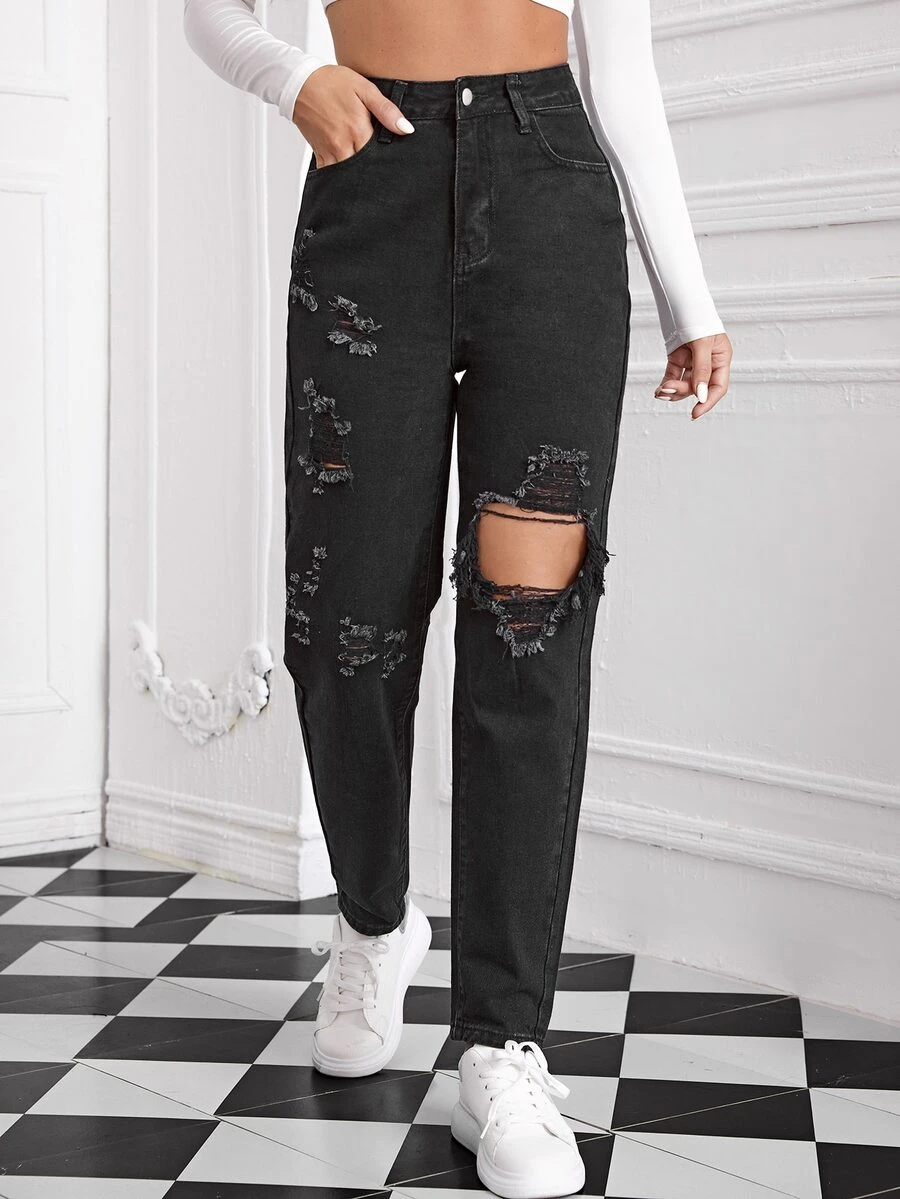 Jeans mom de talle alto roto - Negro - Ver 1