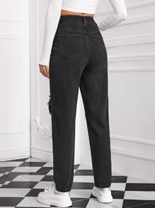 Jeans mom de talle alto roto - Negro - Ver 2