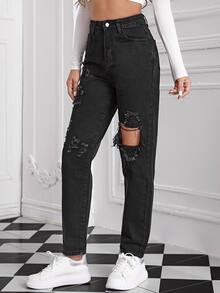 Jeans mom de talle alto roto - Negro - Ver 3