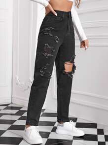 Jeans mom de talle alto roto - Negro - Ver 4