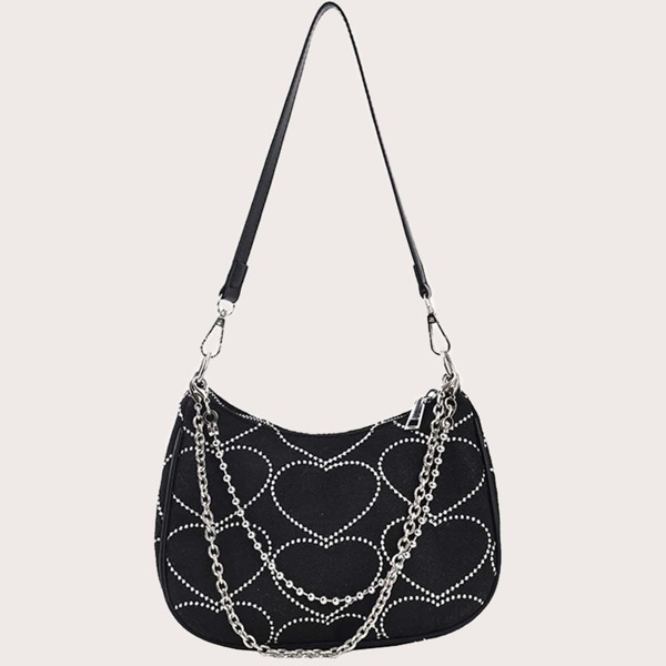 

Heart Graphic Baguette Bag, Black