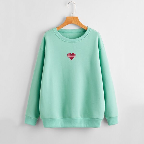 

Heart Print Drop Shoulder Thermal Lined Sweatshirt, Mint green