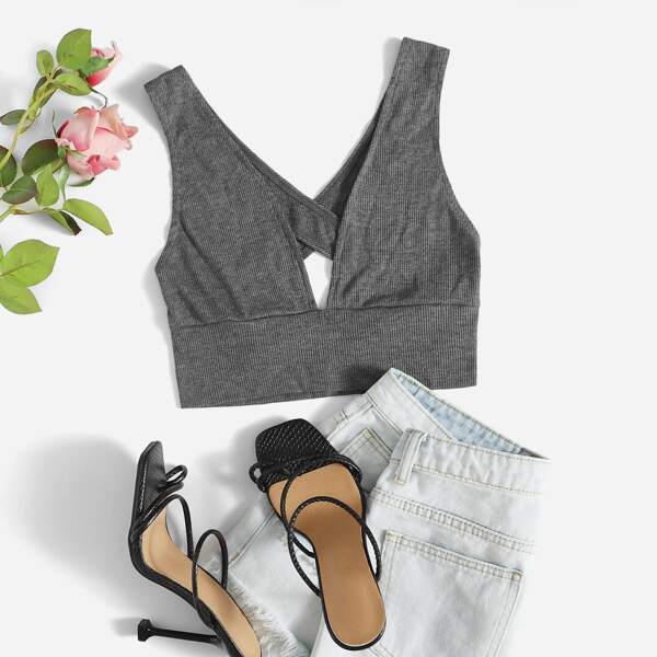 

Ribbed Plunging Crisscross Crop Top, Dark grey