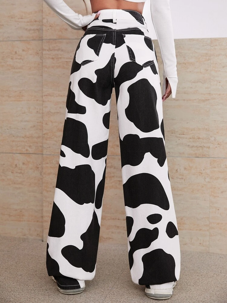 High Waisted Cow Print Jeans
