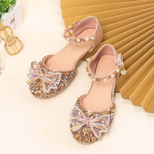 

Bow & Pearl & Rhinestone Decor Flat Sandals, Gold