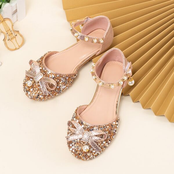 

Bow & Pearl & Rhinestone Decor Flat Sandals, Gold