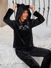 Cat Embroidery 3D Ear Hooded Flannel PJ Set / Pajama Set - Black - View 3