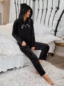 Cat Embroidery 3D Ear Hooded Flannel PJ Set / Pajama Set - Black - View 5