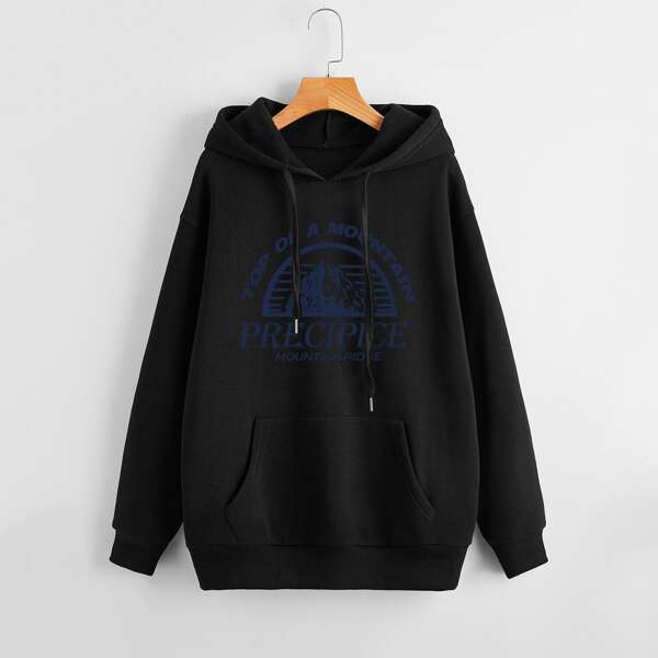 

Slogan Graphic Drawstring Hoodie, Black