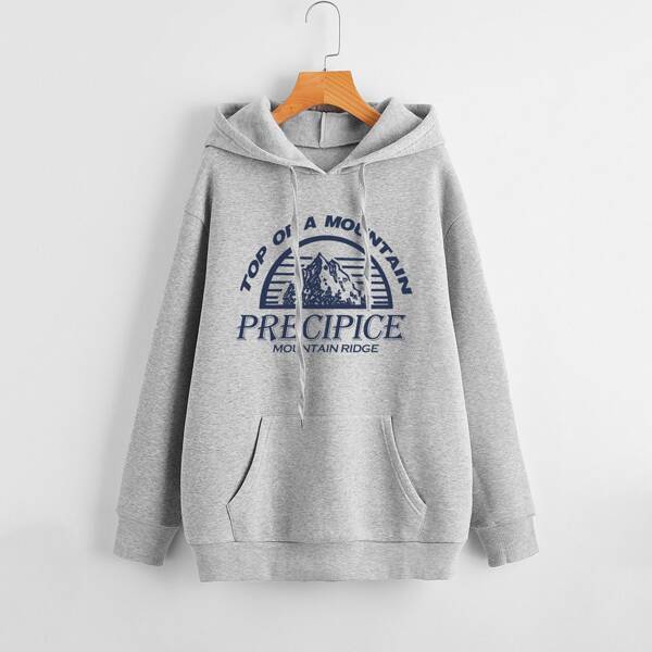 

Slogan Graphic Drawstring Hoodie, Grey