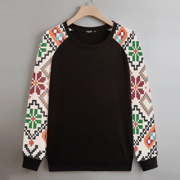 

Plus Geometric Print Raglan Sleeve Sweatshirt, Black
