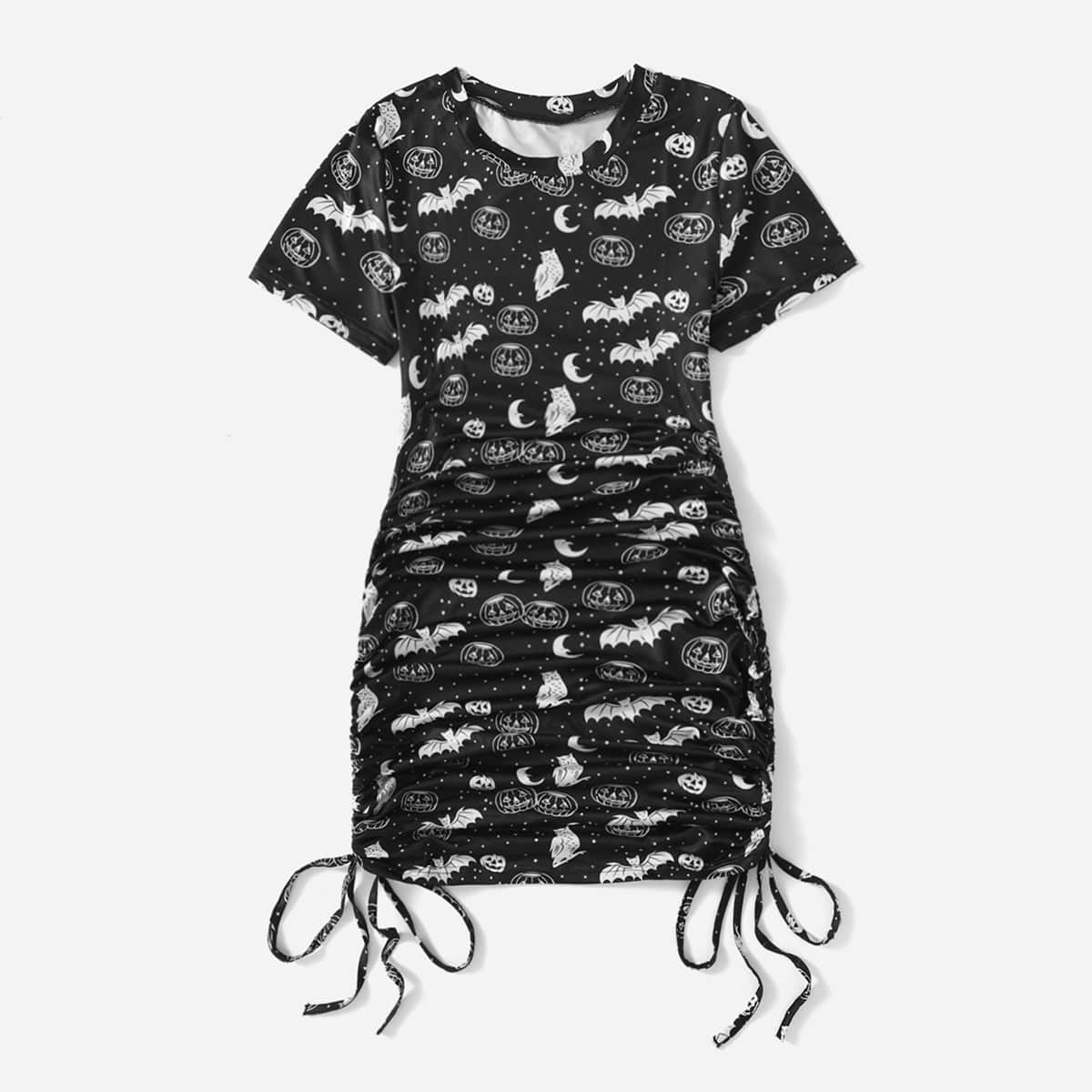 

Halloween Graphic Drawstring Ruched Dress, Black and white