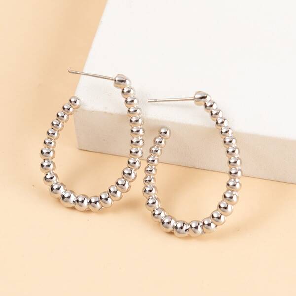 

Bead Decor Cuff Hoop Earrings, Silver
