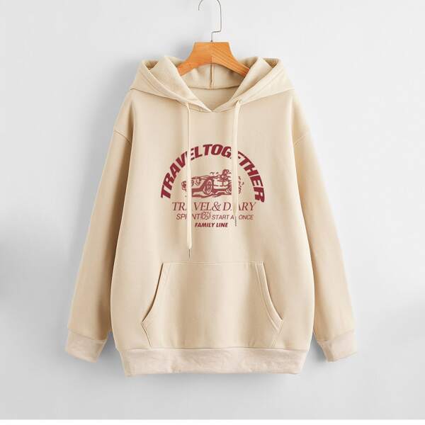 

Slogan And Car Print Hooded Thermal Lined Sweatshirt, Khaki