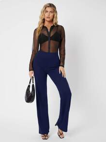 SHEIN Tall Zipper Back Solid Palazzo Pants - Navy Blue - View 5