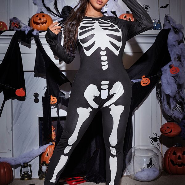 

Plus Skeleton Print Sleep Jumpsuit, Black