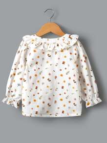 SHEIN 年輕女孩花卉印花彼得潘衣領上衣 - 白色 - 查看 2