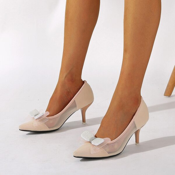 

Bow Decor Mesh Panel Point Toe Court Pumps, Apricot