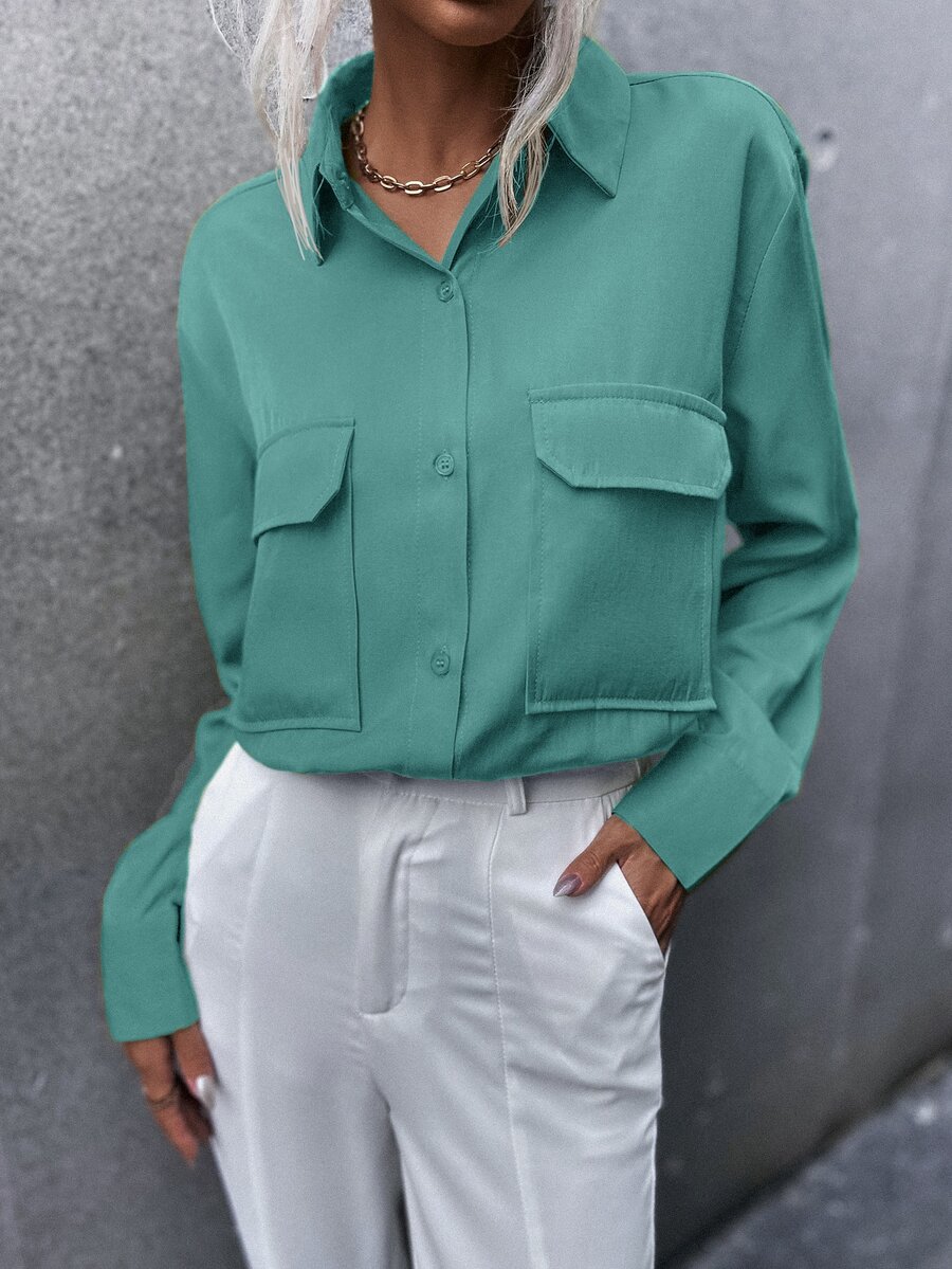 Áo sơ mi Chất rắn Túi có nắp Curved Hem - màu xanh lá - Xem 1
