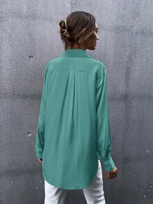 Áo sơ mi Chất rắn Túi có nắp Curved Hem - màu xanh lá - Xem 2