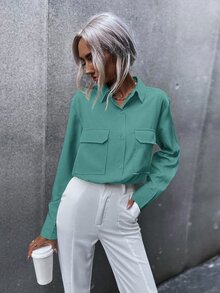Áo sơ mi Chất rắn Túi có nắp Curved Hem - màu xanh lá - Xem 3