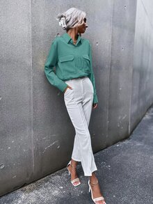 Áo sơ mi Chất rắn Túi có nắp Curved Hem - màu xanh lá - Xem 4