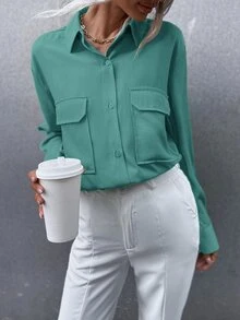 Áo sơ mi Chất rắn Túi có nắp Curved Hem - màu xanh lá - Xem 5