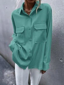 Áo sơ mi Chất rắn Túi có nắp Curved Hem - màu xanh lá - Xem 6