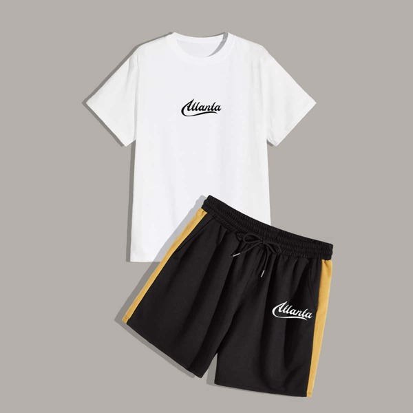 

Guys Letter Print Tee & Side Stripe Drawstring Track Shorts, Multicolor
