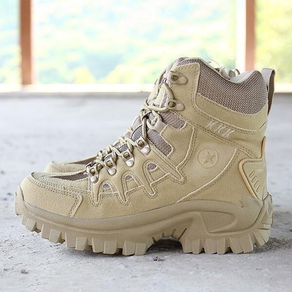 

Men Lace-up Front Mesh Panel Boots, Beige