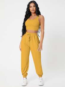SHEIN PETITE Solid Crop Tank Top And Joggers Set - Mustard Yellow - View 1