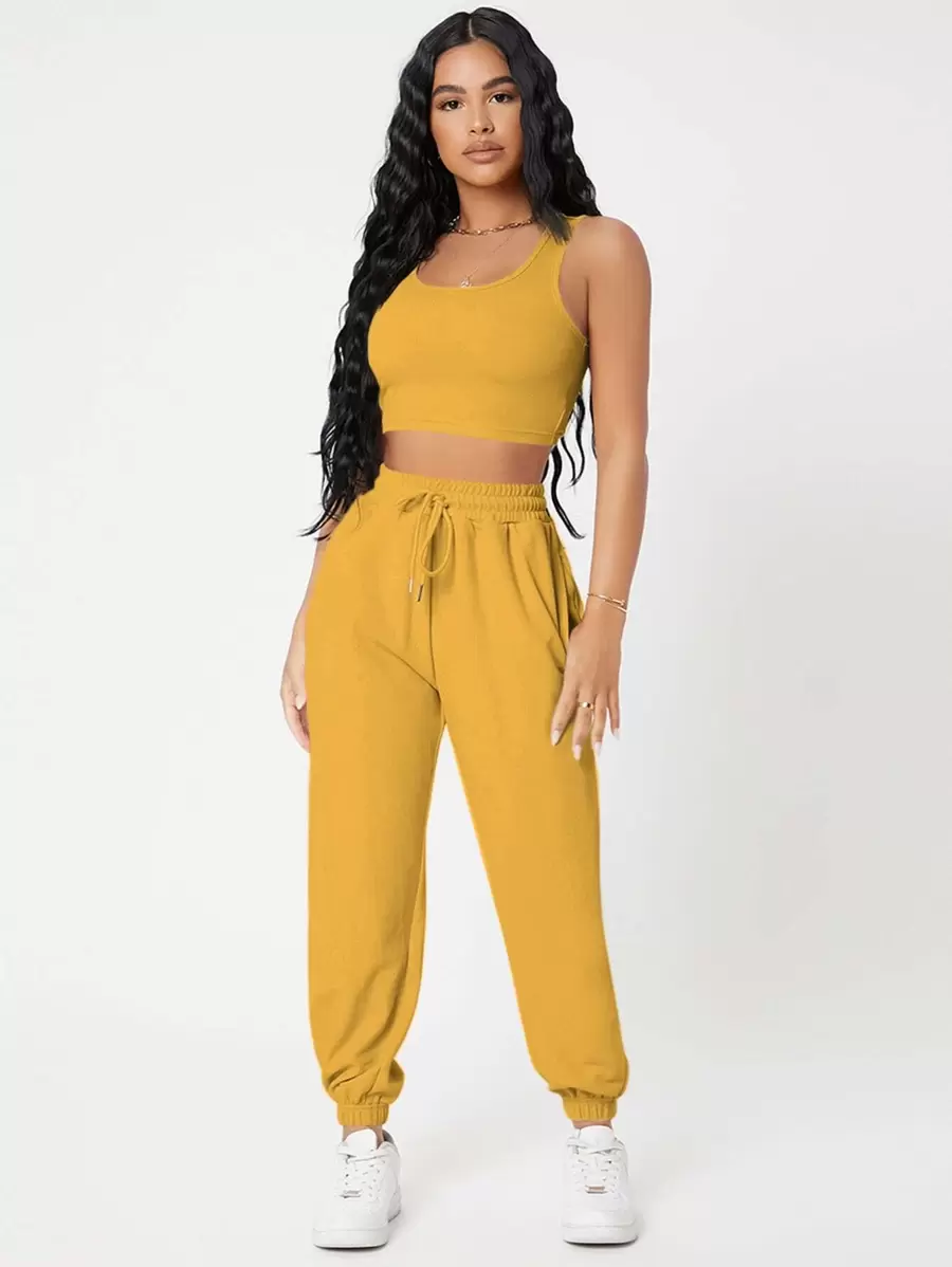 SHEIN PETITE Solid Crop Tank Top And Joggers Set - Mustard Yellow - View 1