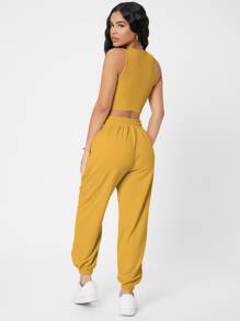 SHEIN PETITE Solid Crop Tank Top And Joggers Set - Mustard Yellow - View 2
