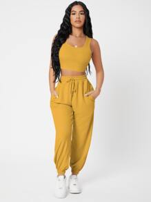 SHEIN PETITE Solid Crop Tank Top And Joggers Set - Mustard Yellow - View 3