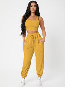 SHEIN PETITE Solid Crop Tank Top And Joggers Set - Mustard Yellow - View 4