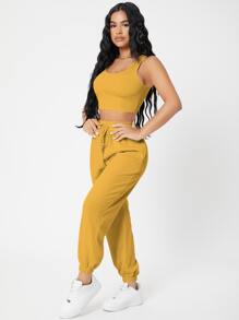 SHEIN PETITE Solid Crop Tank Top And Joggers Set - Mustard Yellow - View 5