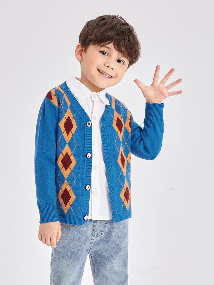 Toddler Boys Argyle Pattern Cardigan - Blue - View 1