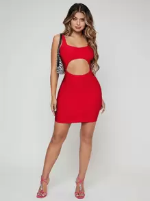 SHEIN SXY Cut Out Front Bodycon Dress - Red - View 3